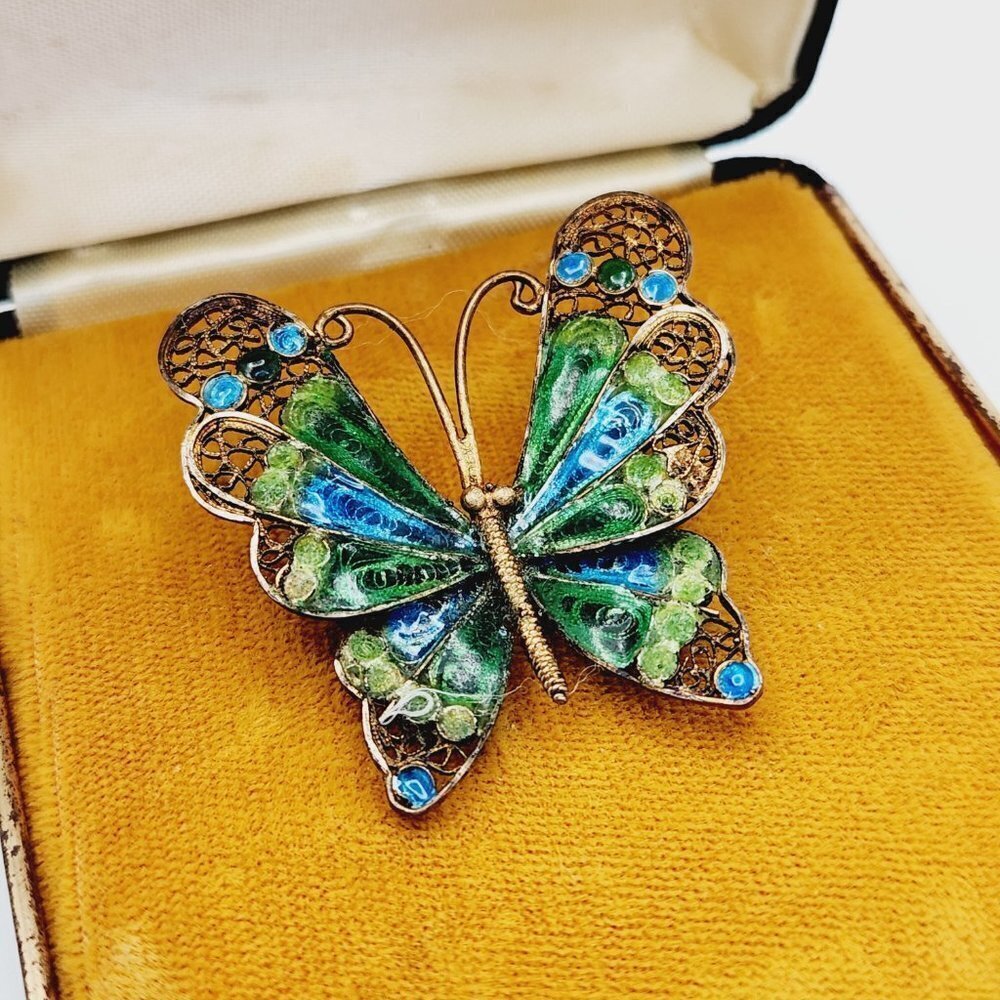 Vintage Blue Green Enamel 800 Silver Guilloche Filigree Butterfly Brooch